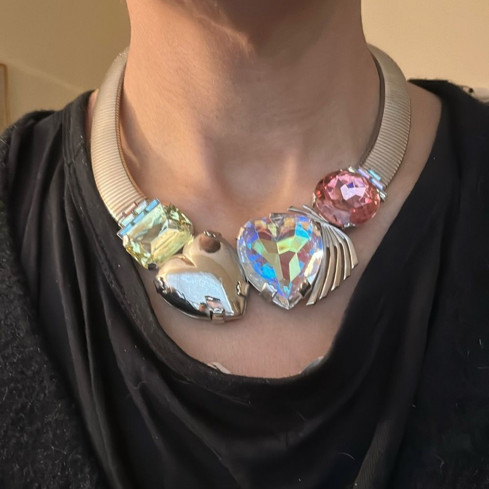 RARE ZOE COSTE French Designer Vintage Rhinestone AB Heart Pink Yellow Necklace